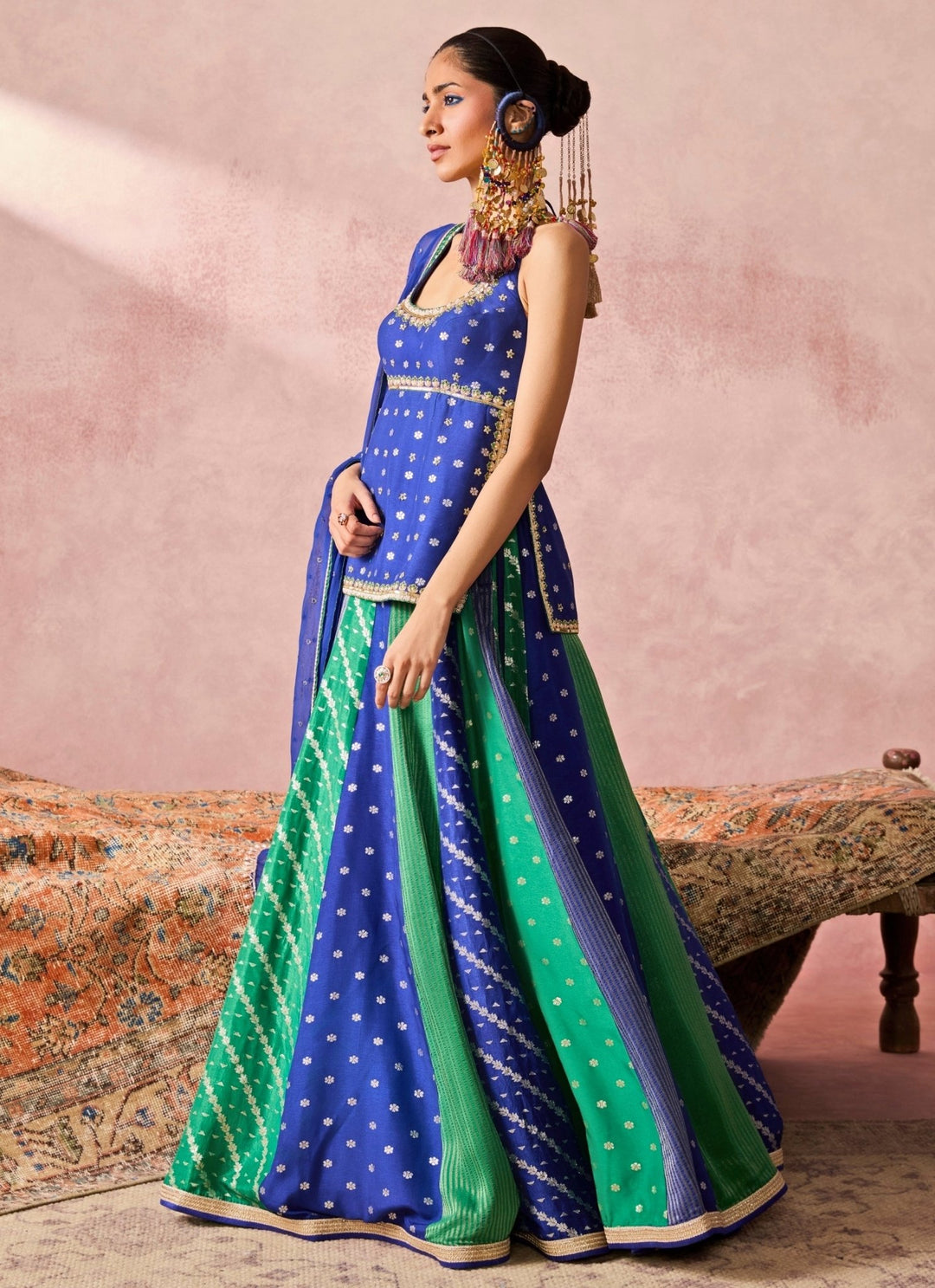 Chamee And Palak Blue And Green Jamewar Kurta Lehenga SetFabilicious Fashion