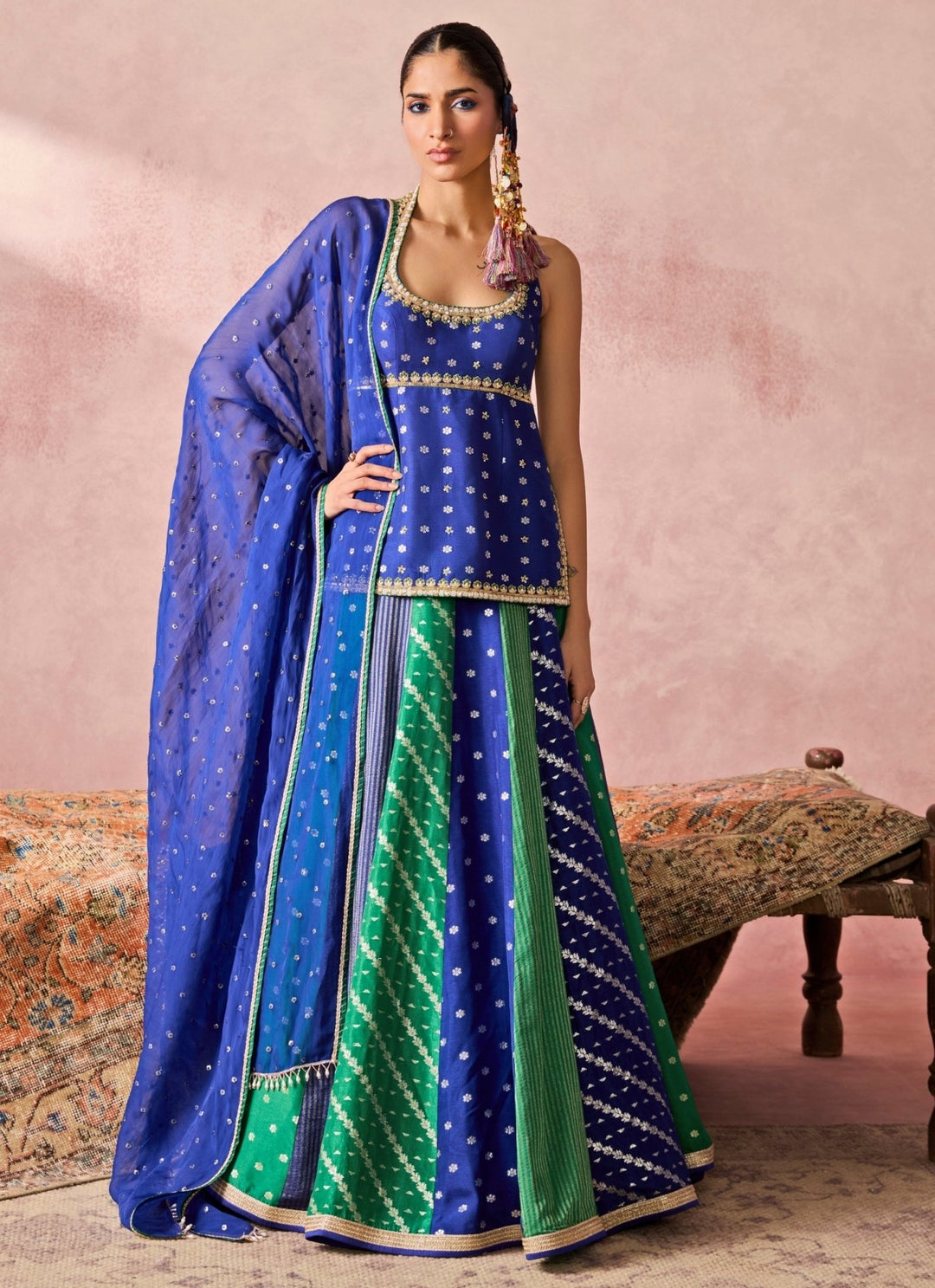 Chamee And Palak Blue And Green Jamewar Kurta Lehenga SetFabilicious Fashion