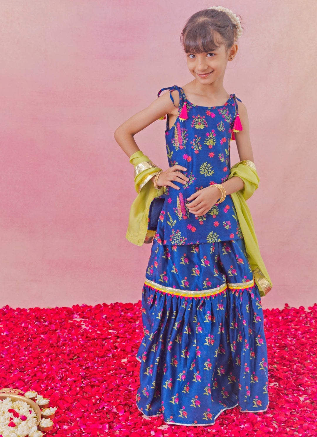 Blue And Green Printed Chanderi Kurta Sharara Set Chotibuti - Fabilicious Fashion