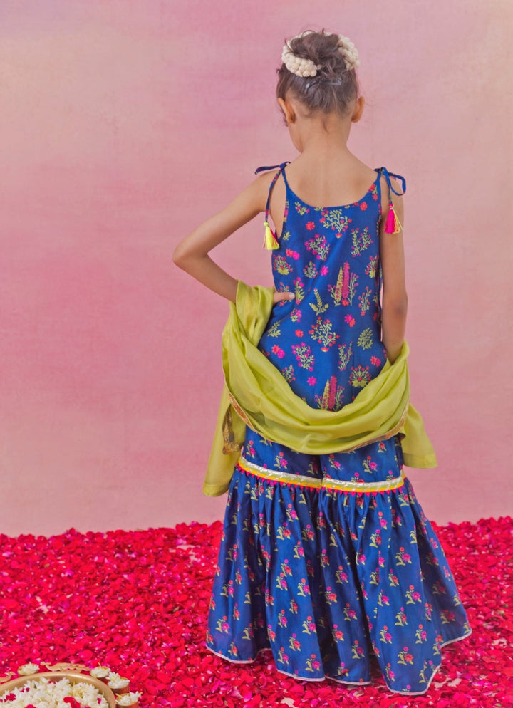 Chotibuti Blue And Green Printed Chanderi Kurta Sharara SetFabilicious Fashion