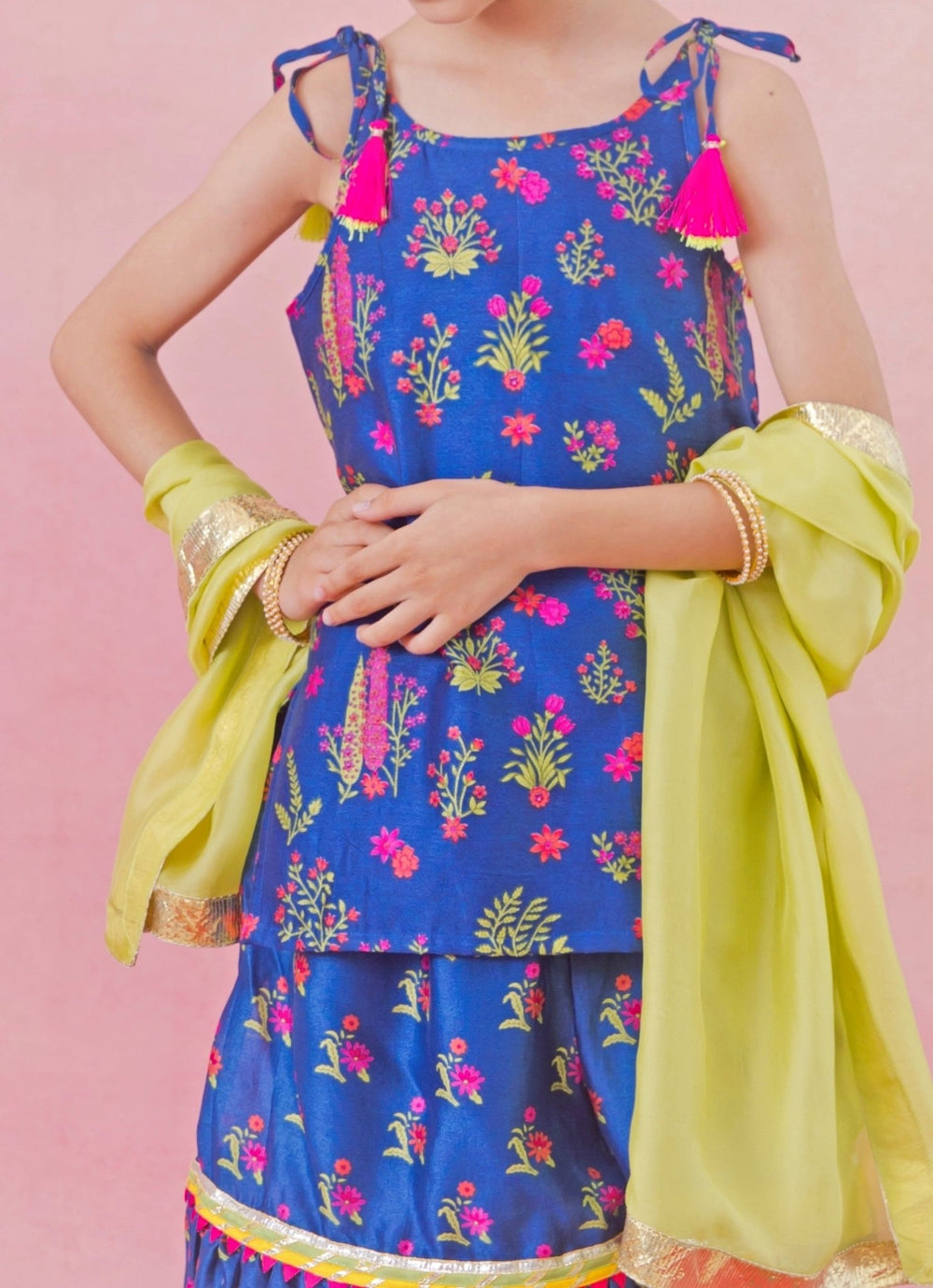 Blue And Green Printed Chanderi Kurta Sharara Set Chotibuti - Fabilicious Fashion