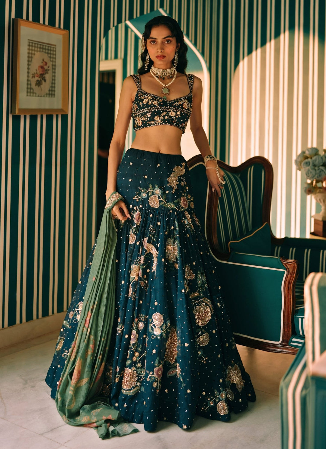 Paulmi and Harsh Blue And Green Printed Organza Lehenga SetFabilicious Fashion