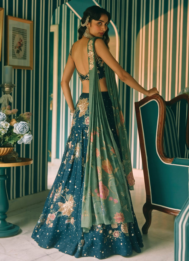 Paulmi and Harsh Blue And Green Printed Organza Lehenga SetFabilicious Fashion