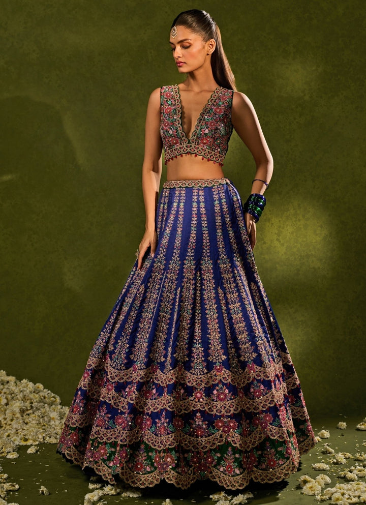 Blue And Green Silk Lehenga Chamee & Palak - Fabilicious Fashion