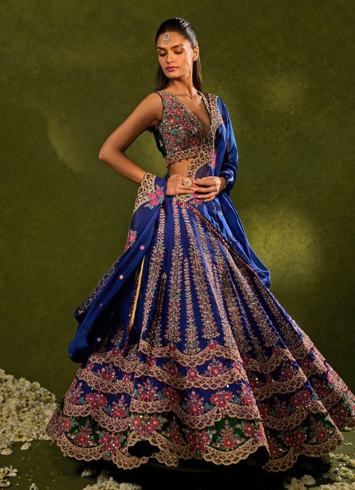 Blue And Green Silk Lehenga Chamee & Palak - Fabilicious Fashion