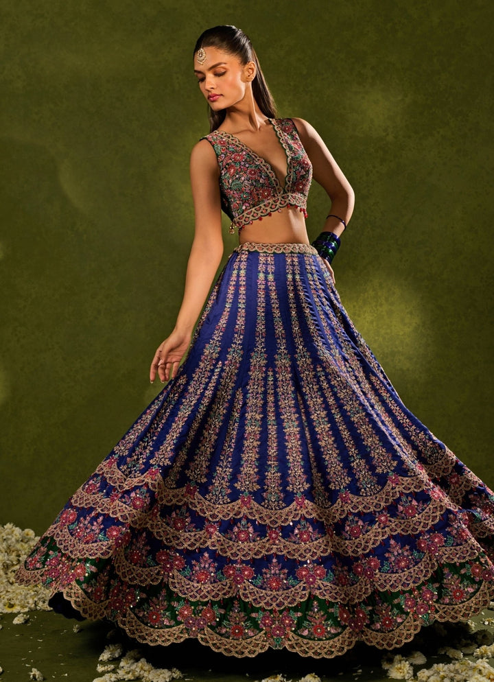 Blue And Green Silk Lehenga Chamee & Palak - Fabilicious Fashion