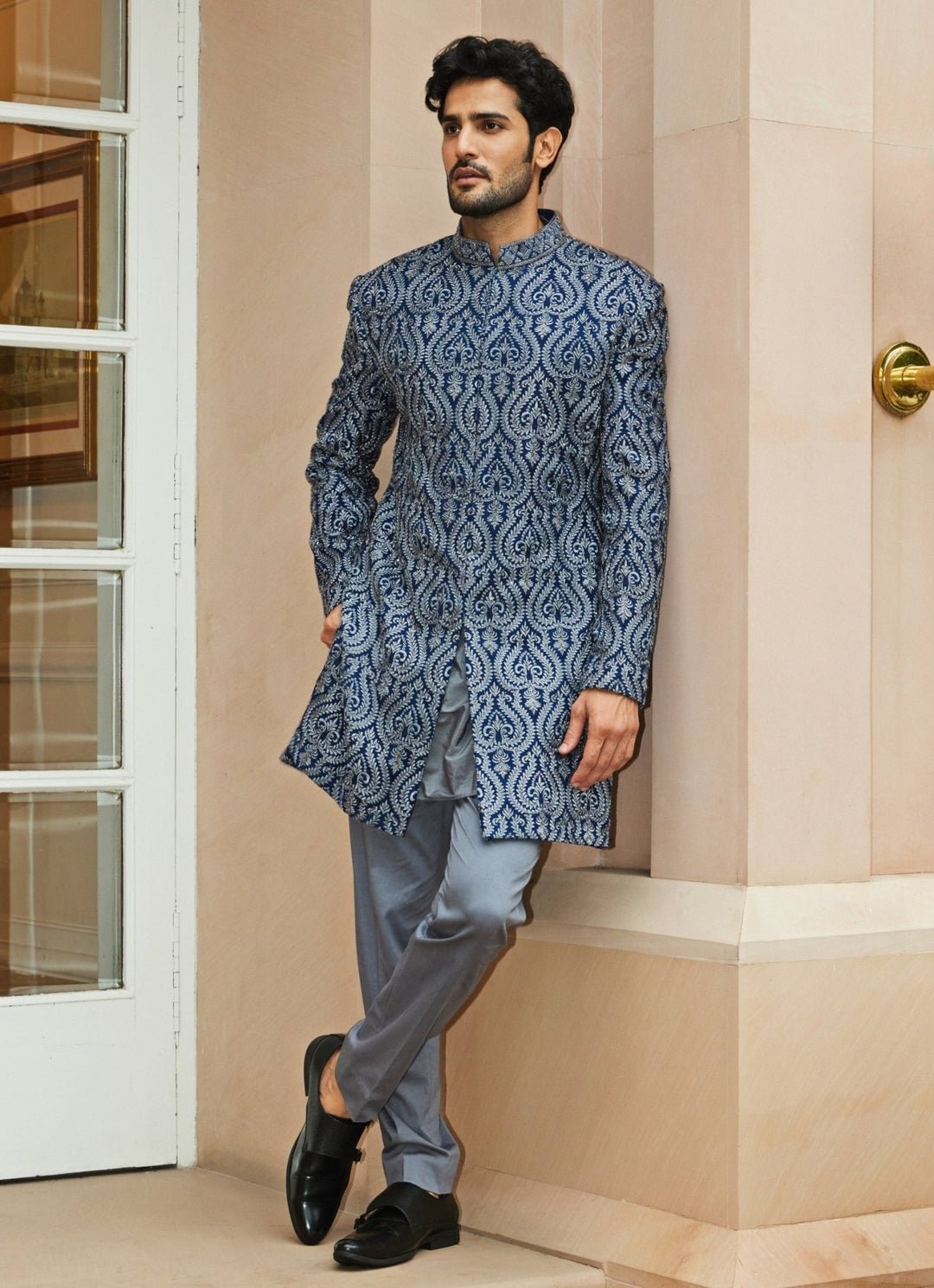 Blue and Grey Silk Sherwani Set Nitika Gujral - Men - Fabilicious Fashion