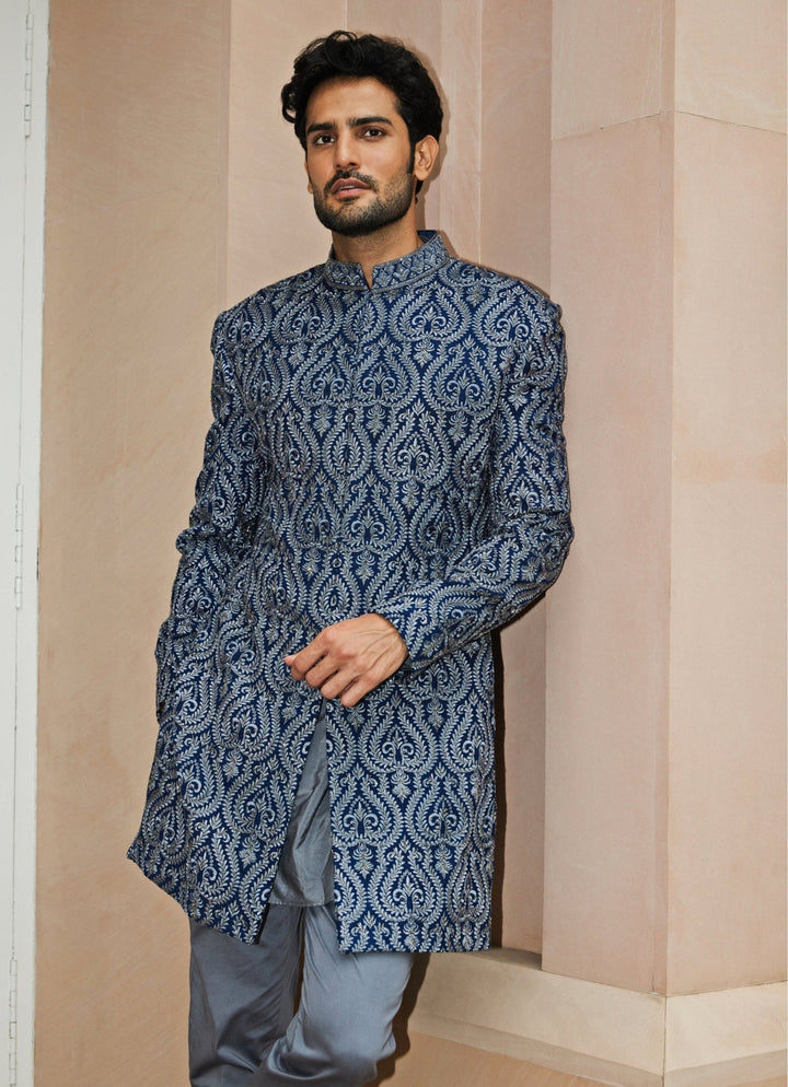 Blue and Grey Silk Sherwani Set Nitika Gujral - Men - Fabilicious Fashion