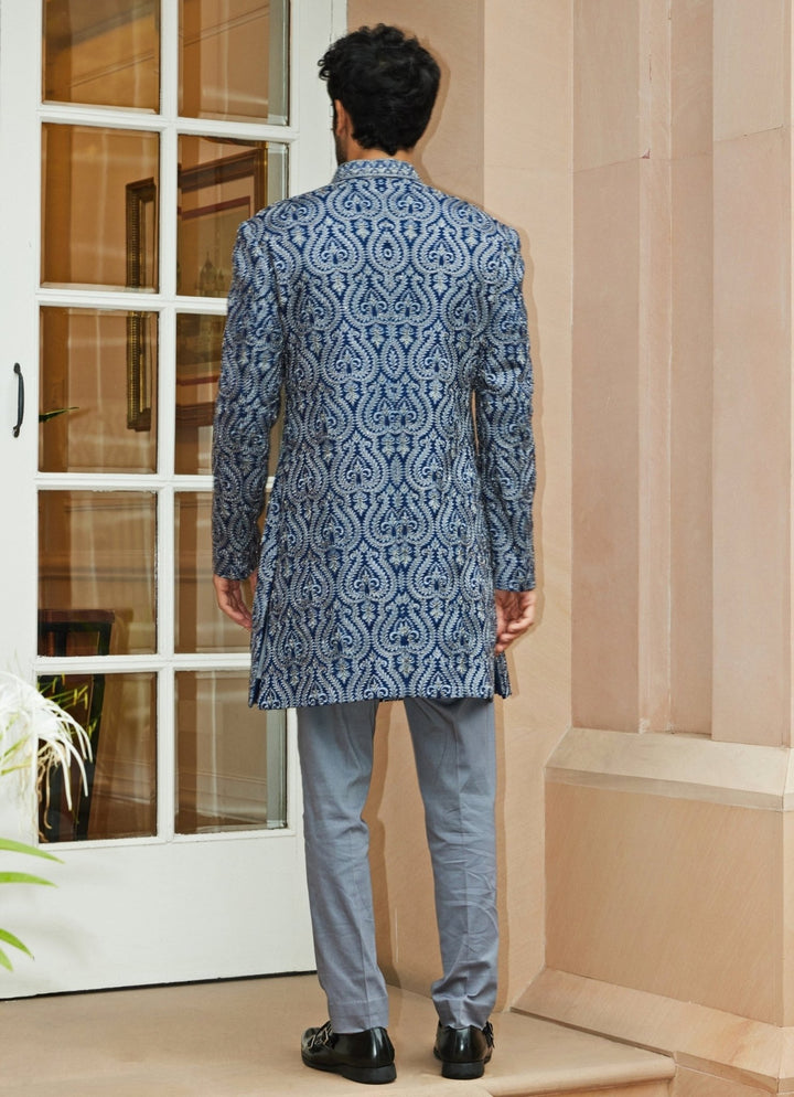 Blue and Grey Silk Sherwani Set Nitika Gujral - Men - Fabilicious Fashion