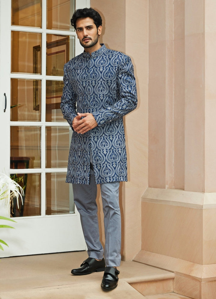 Blue and Grey Silk Sherwani Set Nitika Gujral - Men - Fabilicious Fashion