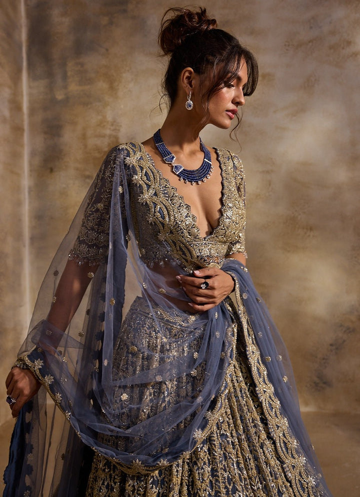 Blue And Grey Soft Net Lehenga Set Nitika Gujral - Fabilicious Fashion