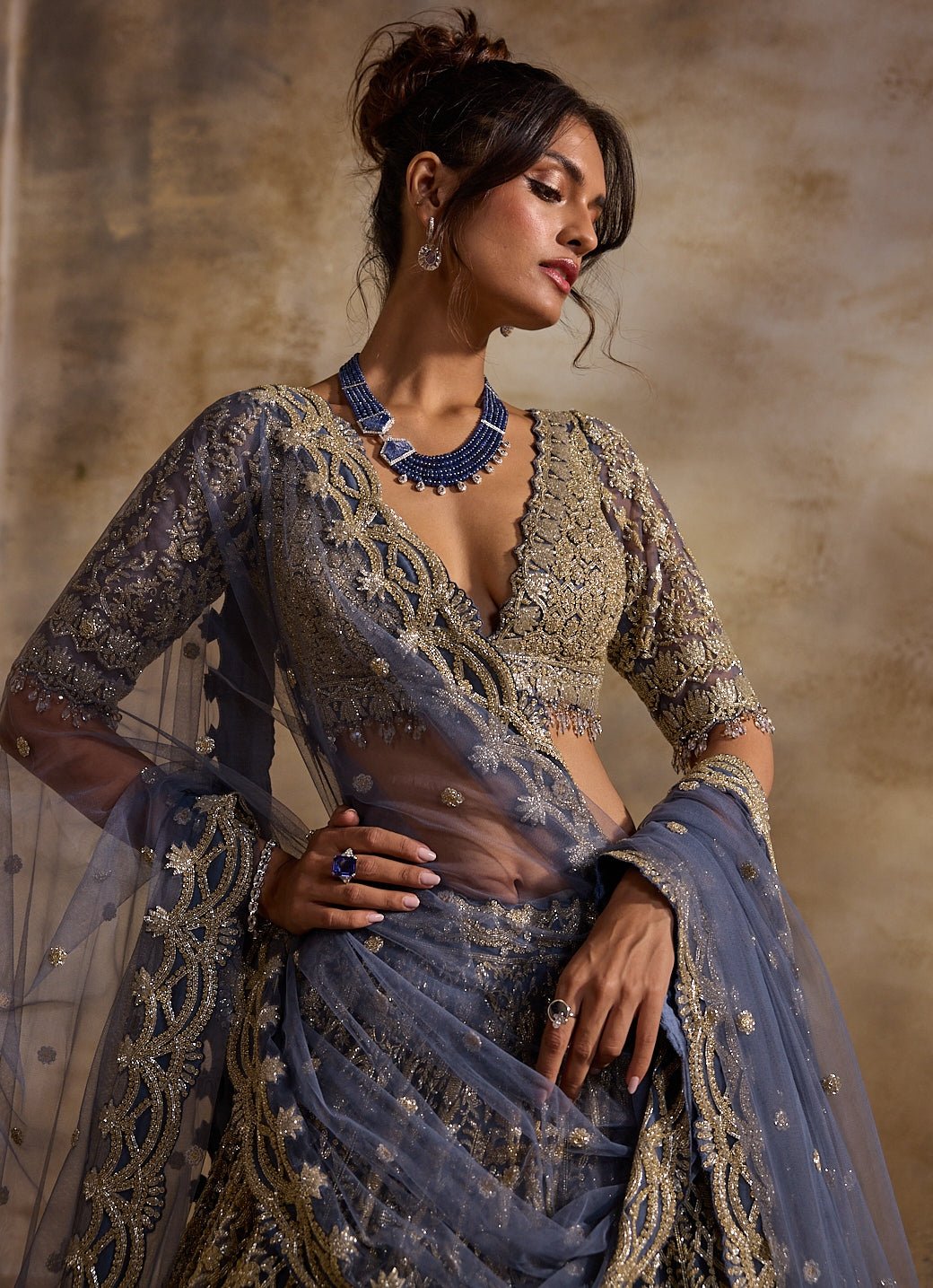 Blue And Grey Soft Net Lehenga Set Nitika Gujral - Fabilicious Fashion