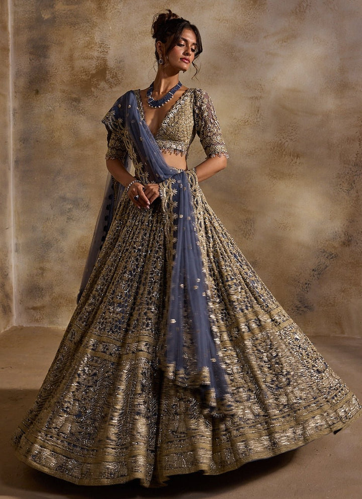Blue And Grey Soft Net Lehenga Set Nitika Gujral - Fabilicious Fashion