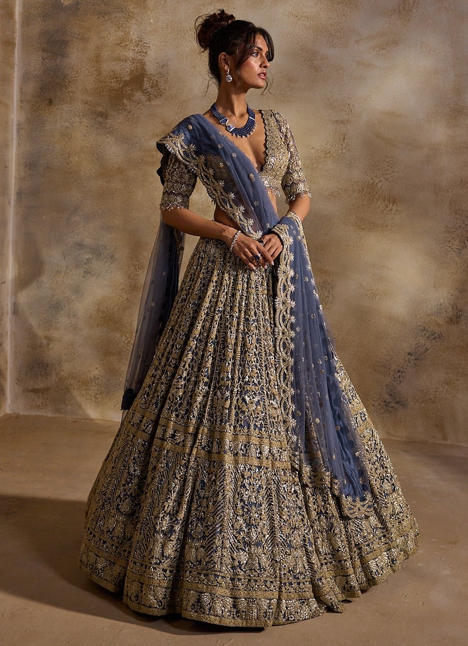 Blue And Grey Soft Net Lehenga Set Nitika Gujral - Fabilicious Fashion