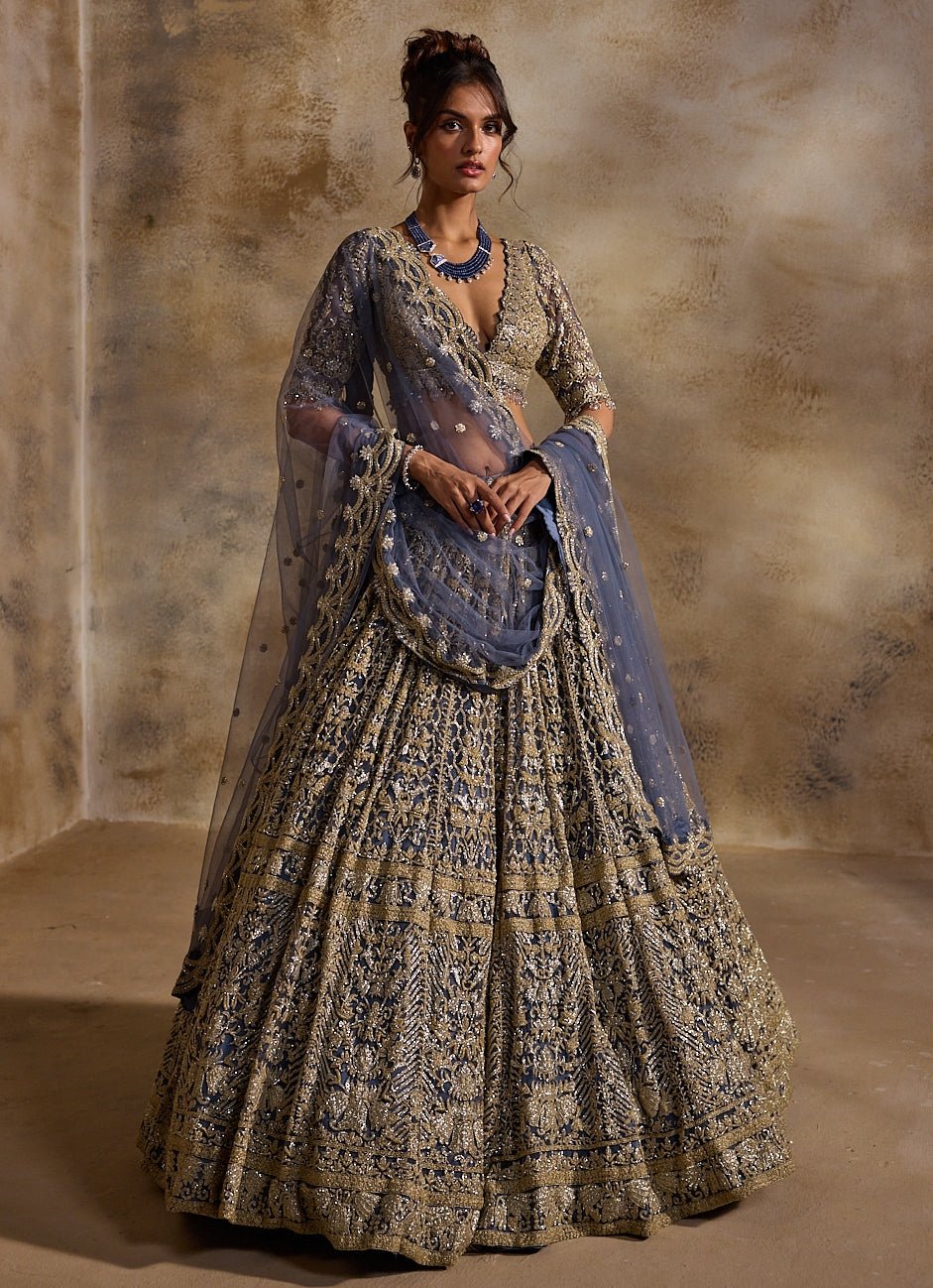 Blue And Grey Soft Net Lehenga Set Nitika Gujral - Fabilicious Fashion