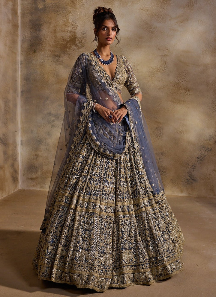 Blue And Grey Soft Net Lehenga Set Nitika Gujral - Fabilicious Fashion