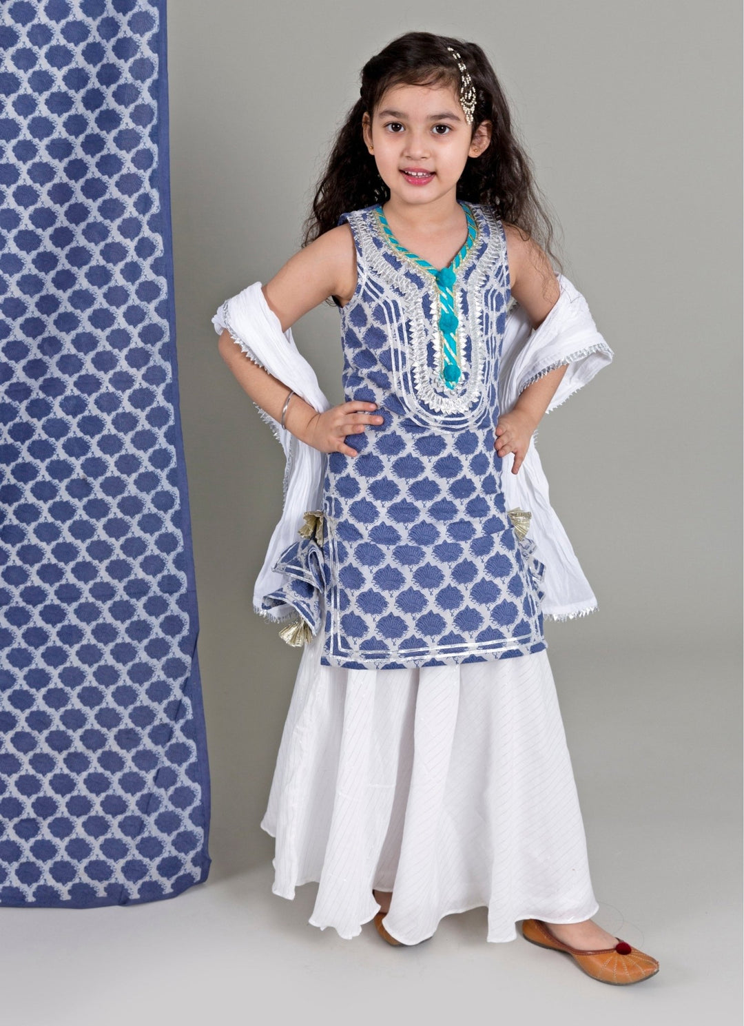 Blue And Ivory Cotton Kurta Lehenga Set Chotibuti - Fabilicious Fashion