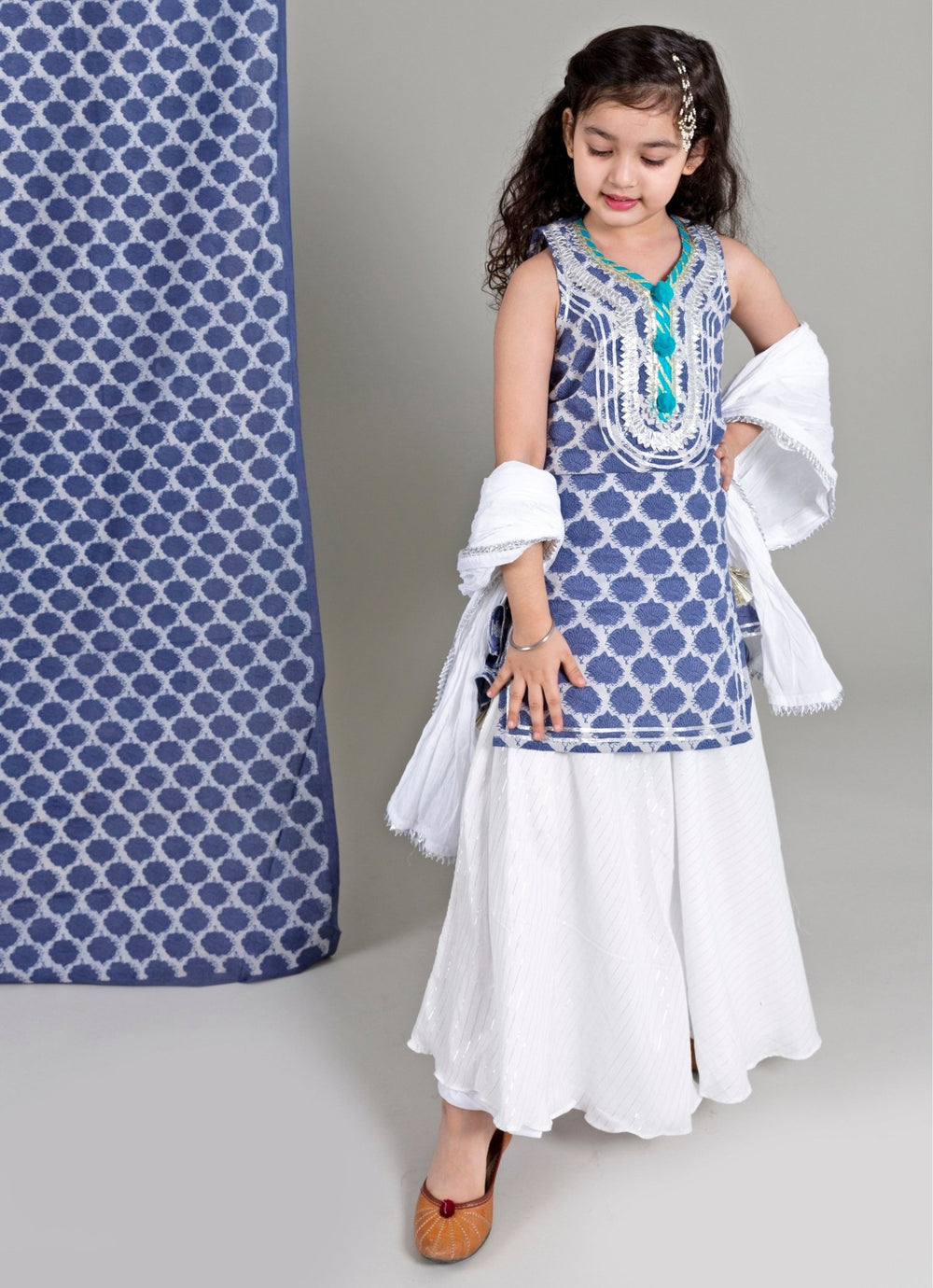 Blue And Ivory Cotton Kurta Lehenga Set Chotibuti - Fabilicious Fashion