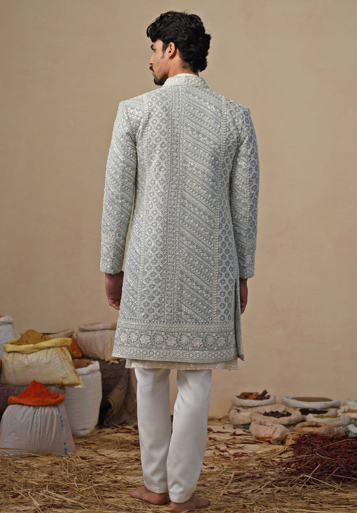 Blue and Ivory Georgette Sherwani Set Kalpraag - Fabilicious Fashion