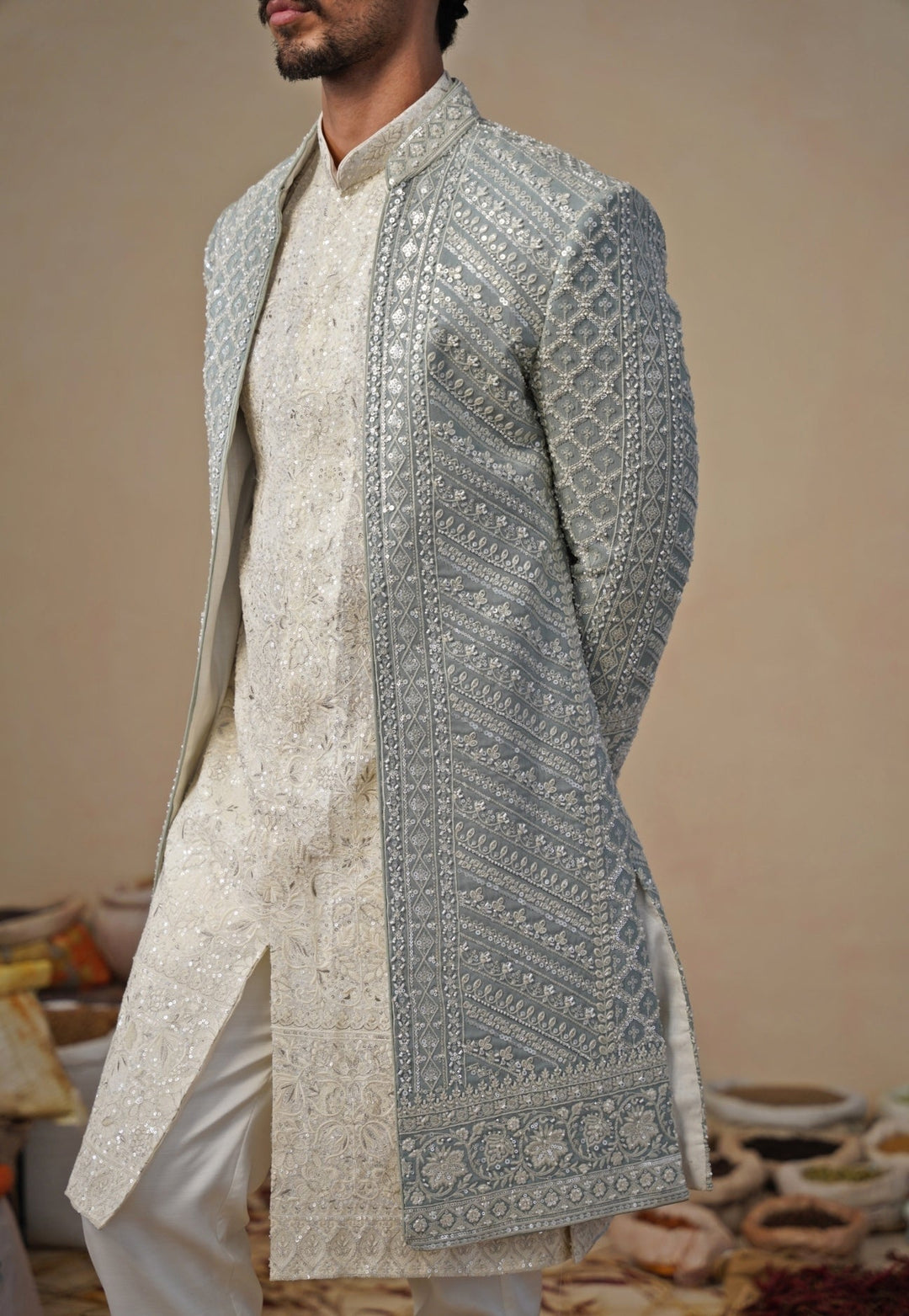 Blue and Ivory Georgette Sherwani Set Kalpraag - Fabilicious Fashion