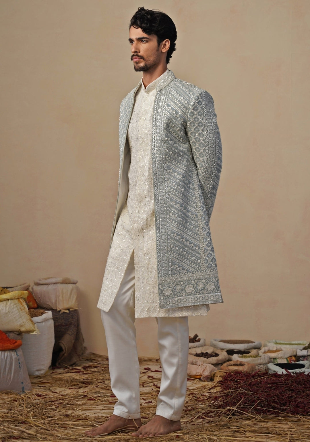 Blue and Ivory Georgette Sherwani Set Kalpraag - Fabilicious Fashion