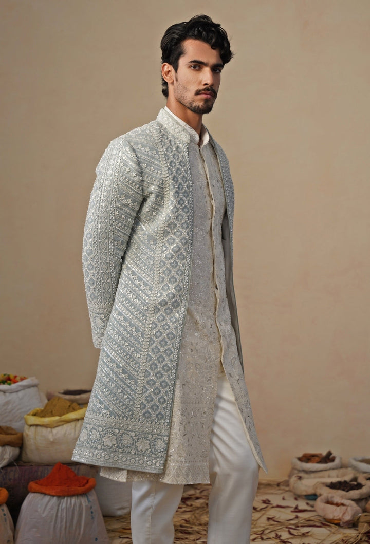 Blue and Ivory Georgette Sherwani Set Kalpraag - Fabilicious Fashion