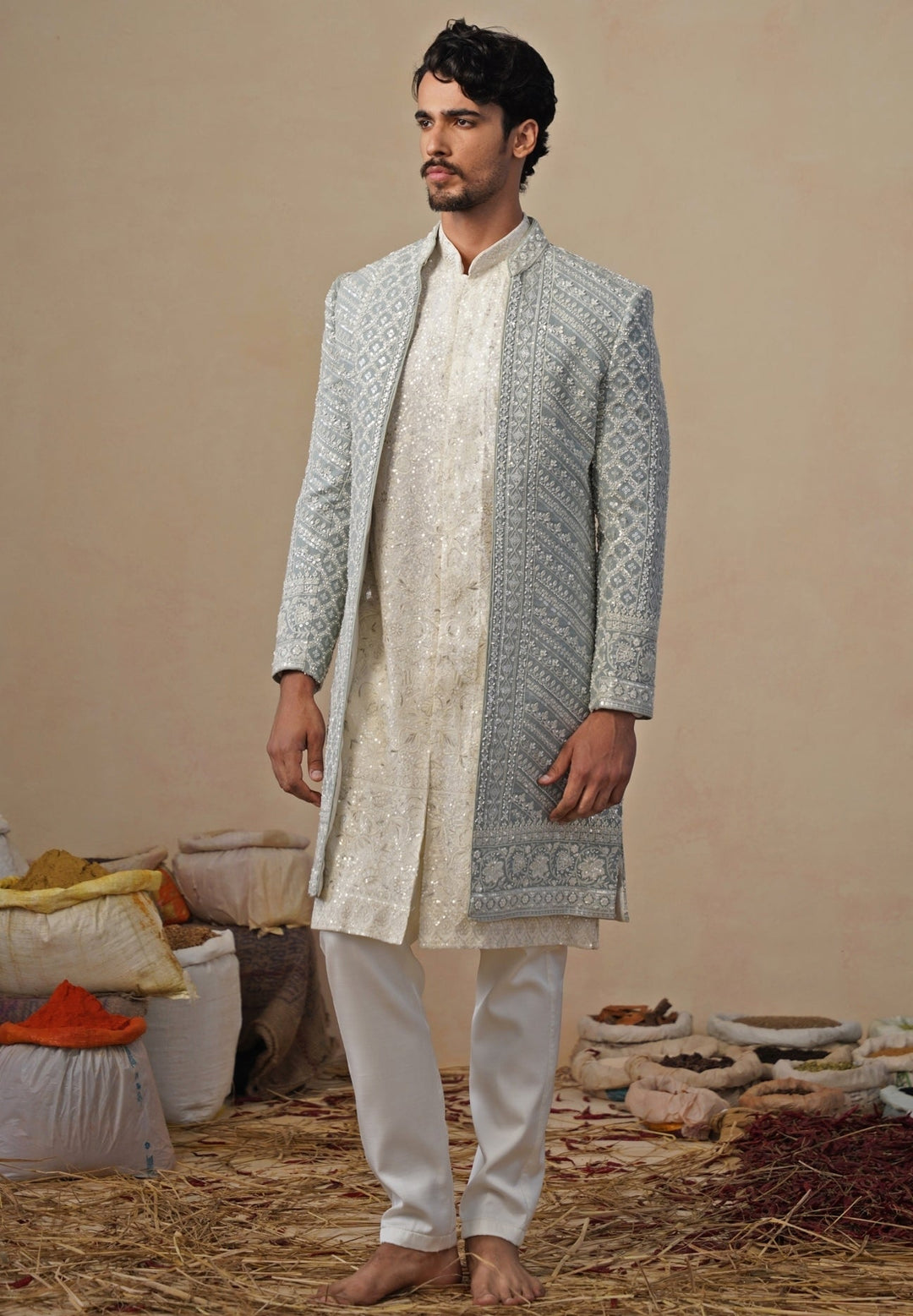 Blue and Ivory Georgette Sherwani Set Kalpraag - Fabilicious Fashion