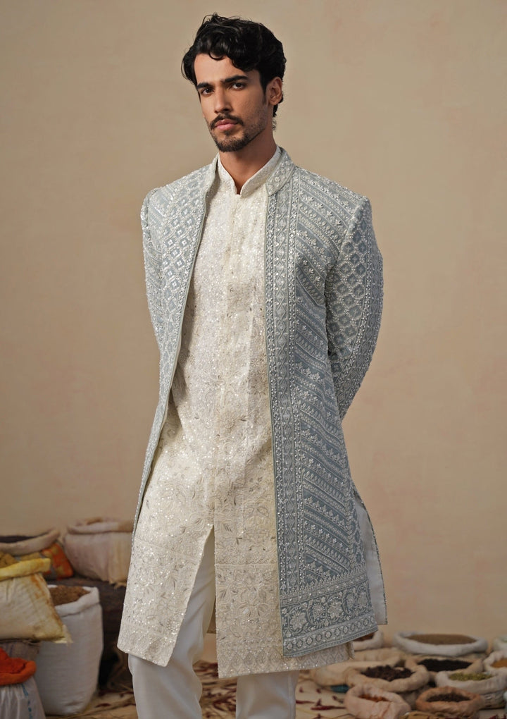Blue and Ivory Georgette Sherwani Set Kalpraag - Fabilicious Fashion
