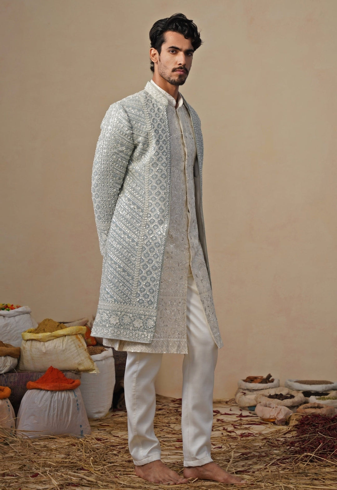 Blue and Ivory Georgette Sherwani Set Kalpraag - Fabilicious Fashion