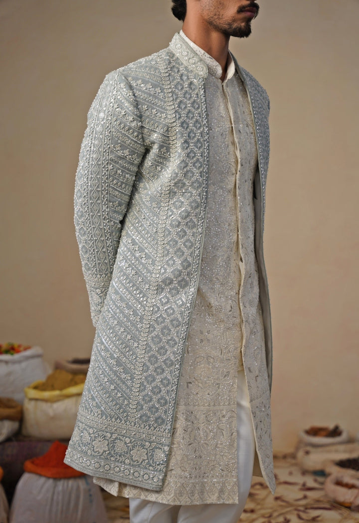 Blue and Ivory Georgette Sherwani Set Kalpraag - Fabilicious Fashion