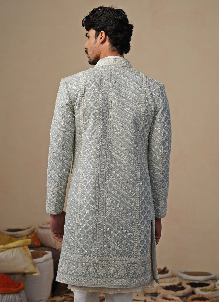 Blue and Ivory Georgette Sherwani Set Kalpraag - Fabilicious Fashion