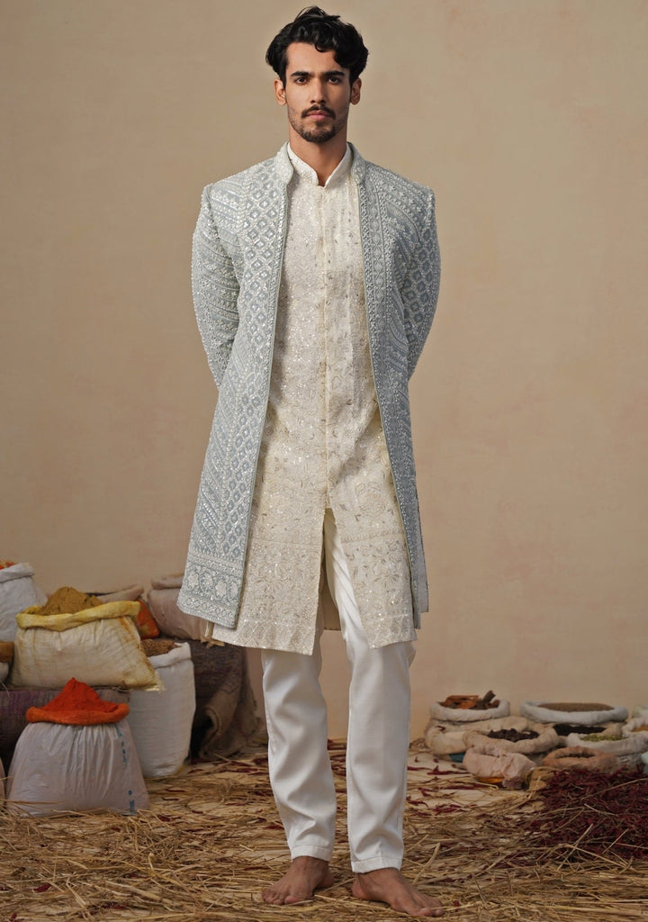 Blue and Ivory Georgette Sherwani Set Kalpraag - Fabilicious Fashion