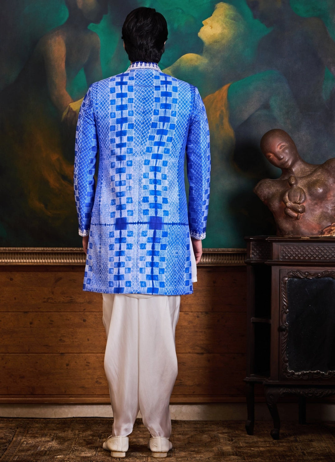 Blue and Ivory Silk Tie and Dye Sherwani Set Nitika Gujral - Men - Fabilicious Fashion