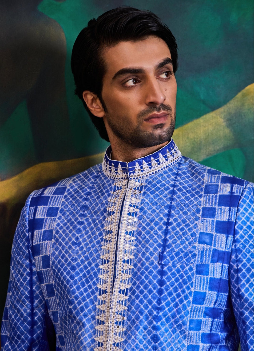 Blue and Ivory Silk Tie and Dye Sherwani Set Nitika Gujral - Men - Fabilicious Fashion