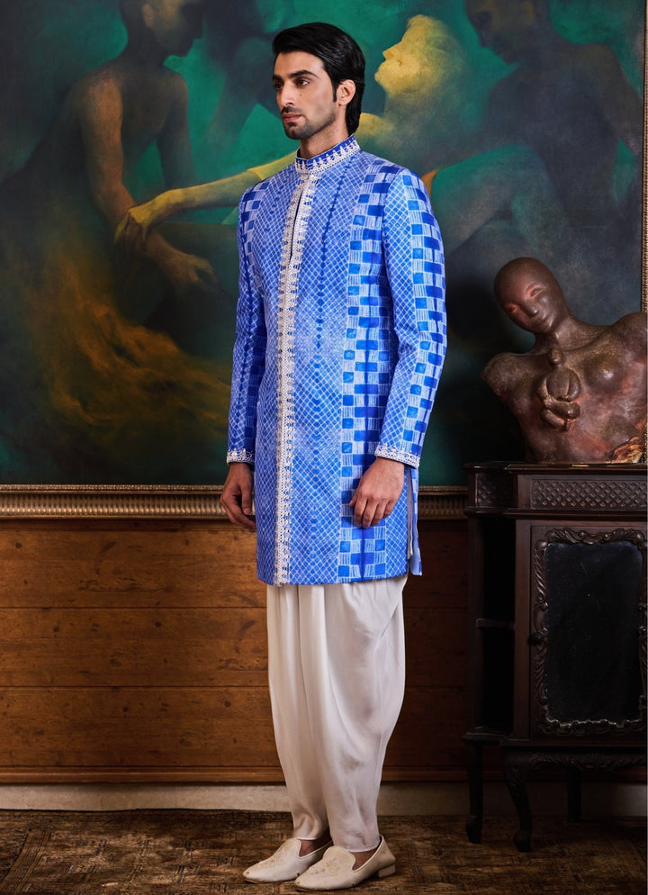 Blue and Ivory Silk Tie and Dye Sherwani Set Nitika Gujral - Men - Fabilicious Fashion