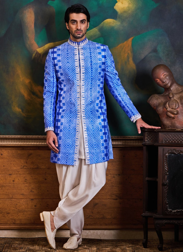 Blue and Ivory Silk Tie and Dye Sherwani Set Nitika Gujral - Men - Fabilicious Fashion