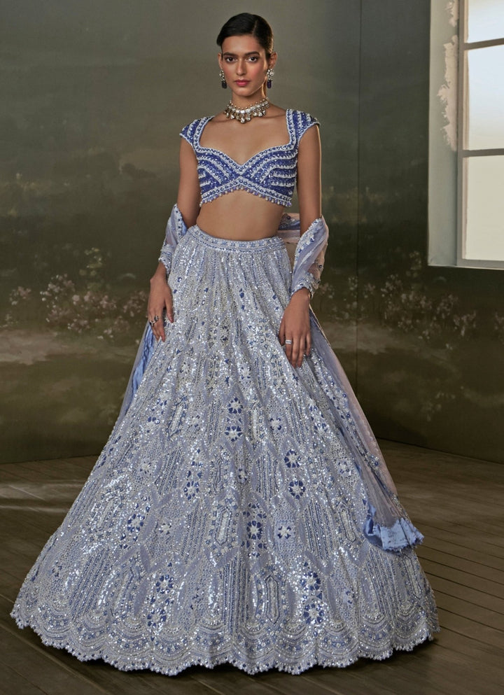 Blue And Ivory Soft Net Lehenga Set Nitika Gujral - Fabilicious Fashion