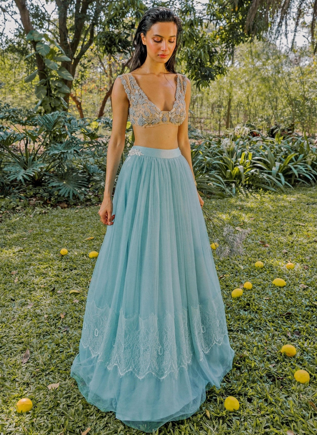 The Little Black Bow Blue And Nude Soft Net Lehenga SetFabilicious Fashion