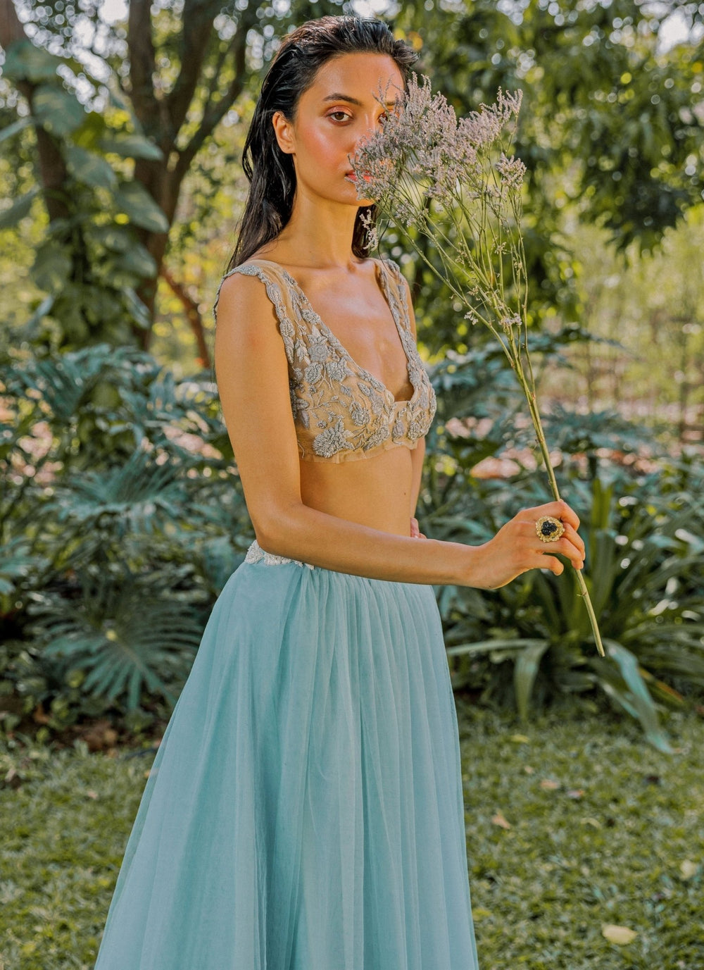 The Little Black Bow Blue And Nude Soft Net Lehenga SetFabilicious Fashion