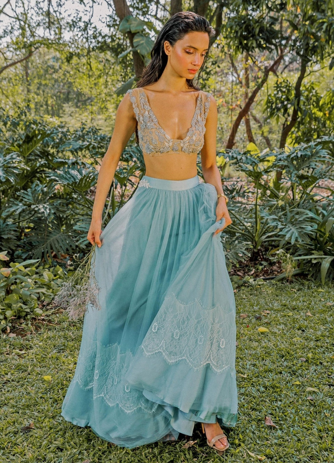 The Little Black Bow Blue And Nude Soft Net Lehenga SetFabilicious Fashion