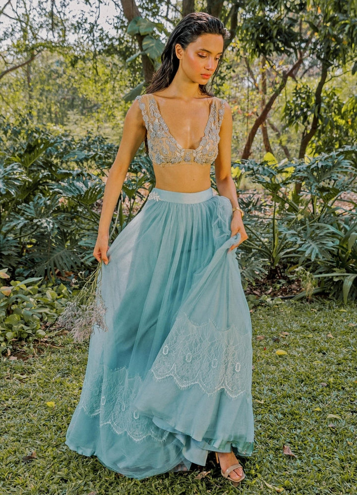 The Little Black Bow Blue And Nude Soft Net Lehenga SetFabilicious Fashion