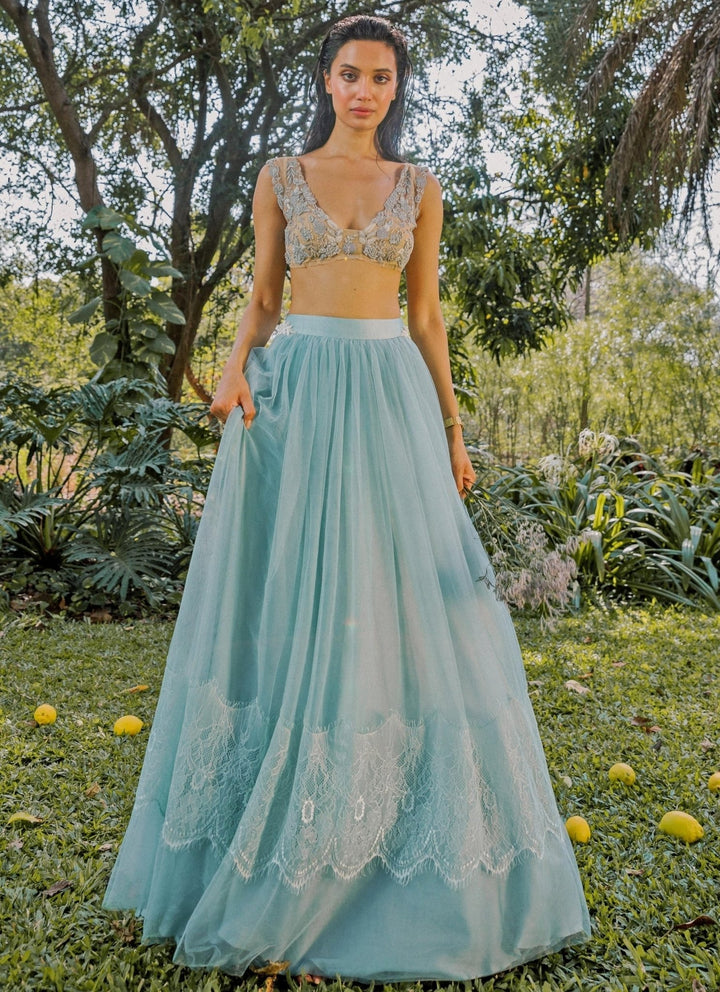 The Little Black Bow Blue And Nude Soft Net Lehenga SetFabilicious Fashion