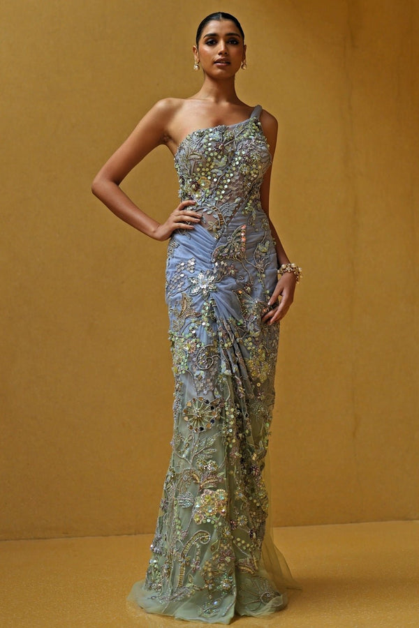Blue and pastel green one shoulder chiffon corset dress for a reception