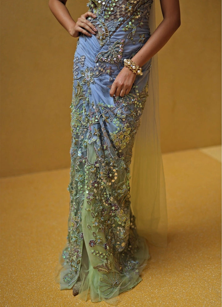 Blue And Pastel Green One Shoulder Chiffon Corset Dress Moledro - Fabilicious Fashion