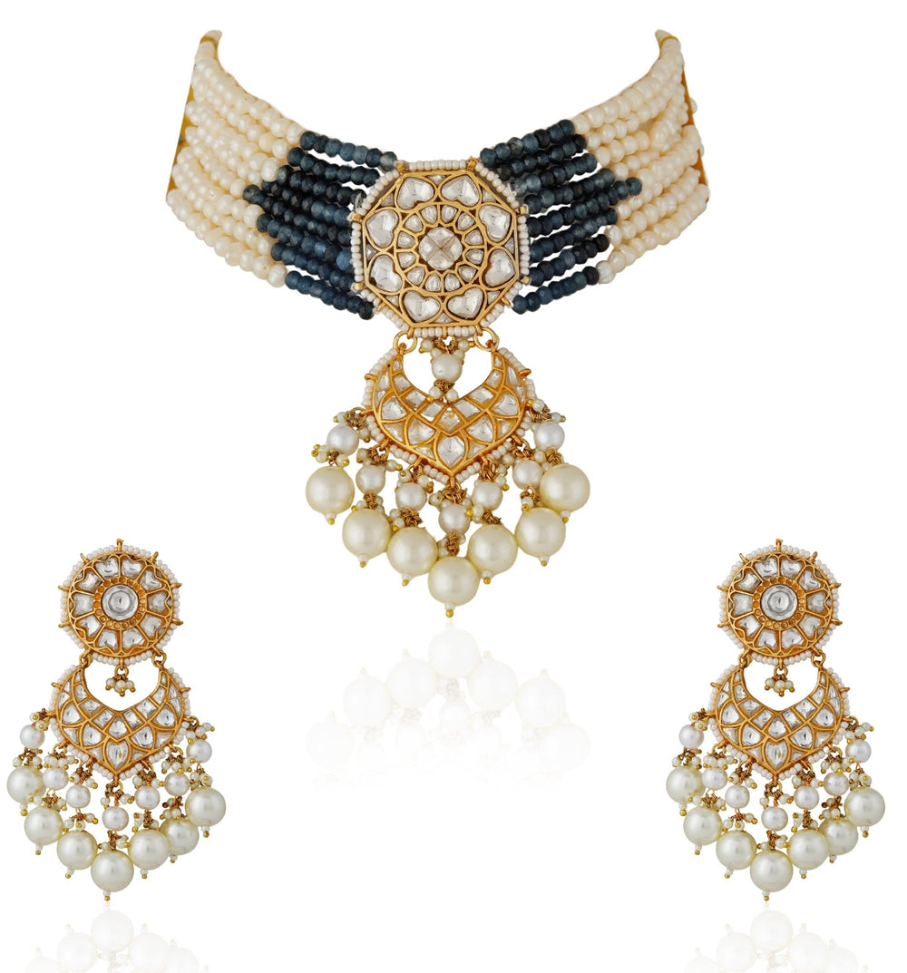 Blue and Pearl Stone Gold Plated Kundan Choker Set Riana by Shikha Jindal - Fabilicious Fashion