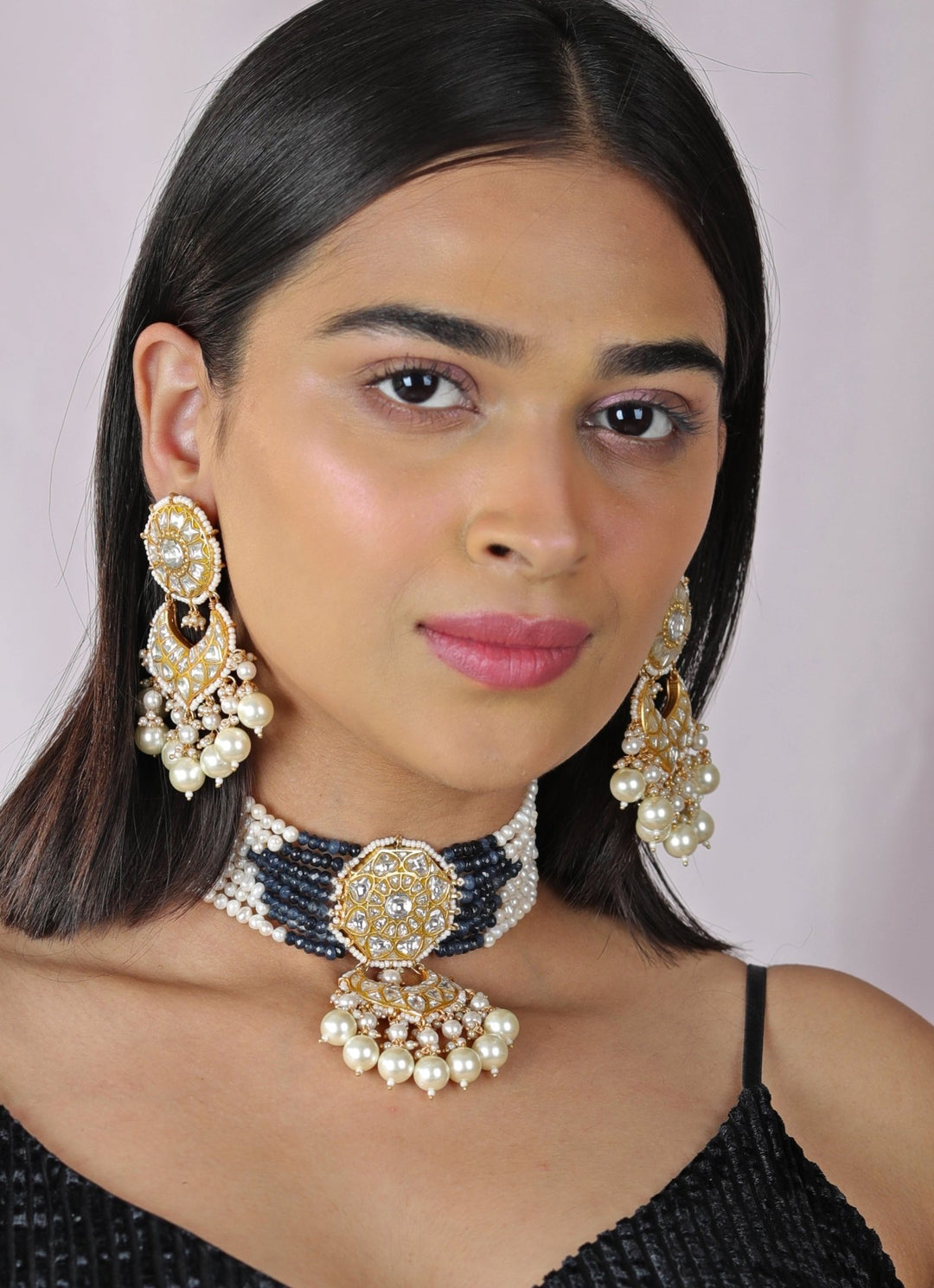 Blue and Pearl Stone Gold Plated Kundan Choker Set Riana by Shikha Jindal - Fabilicious Fashion