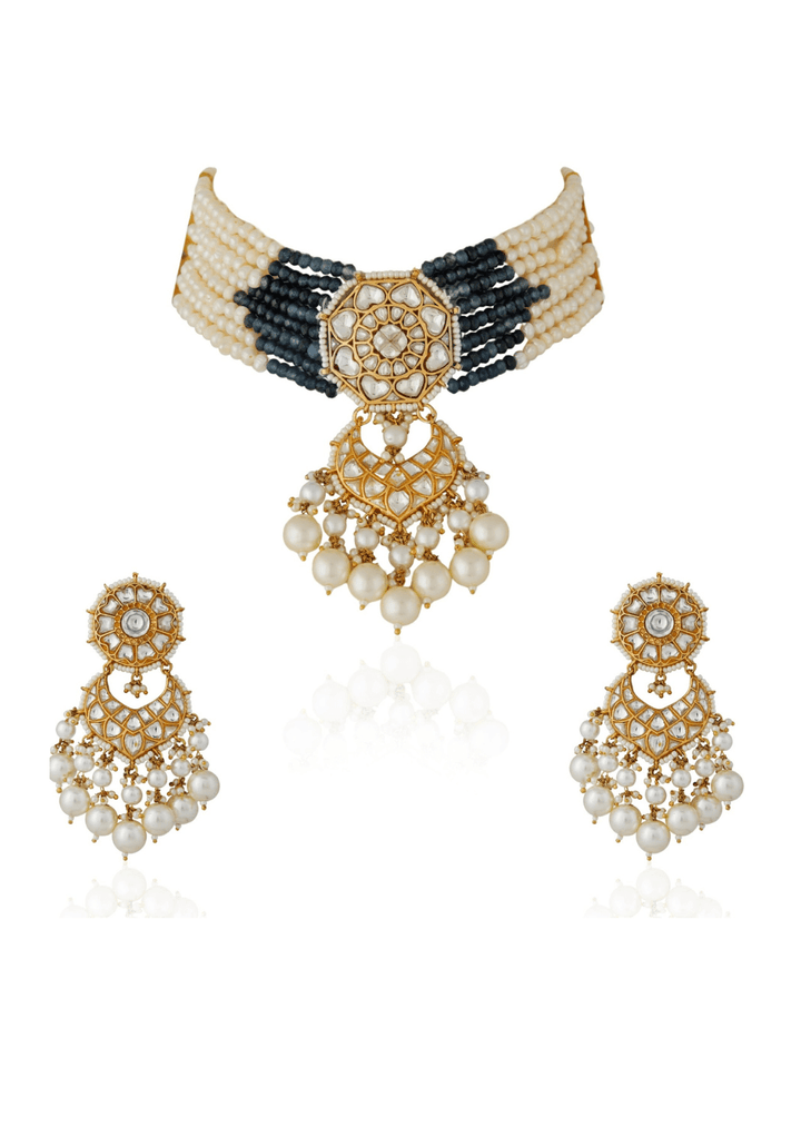 Blue And Pearl Stone Gold Plated Kundan Choker Set Riana Jewellery - Fabilicious Fashion