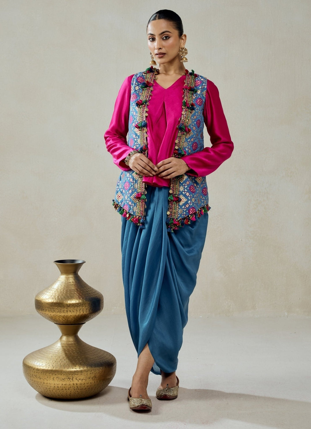 Nitika Gujral Blue And Pink Patola Silk Dhoti Skirt SetFabilicious Fashion