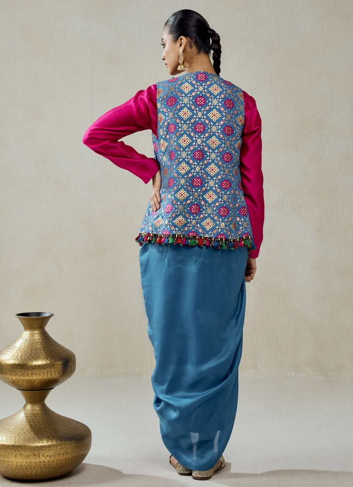 Nitika Gujral Blue And Pink Patola Silk Dhoti Skirt SetFabilicious Fashion
