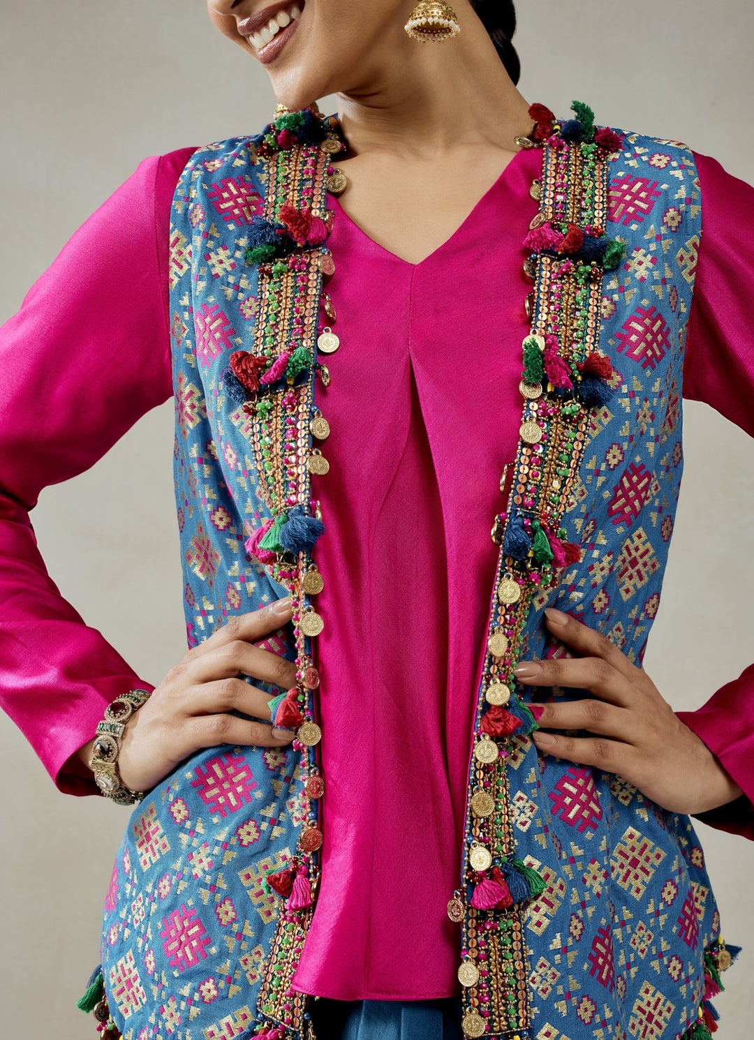 Nitika Gujral Blue And Pink Patola Silk Dhoti Skirt SetFabilicious Fashion
